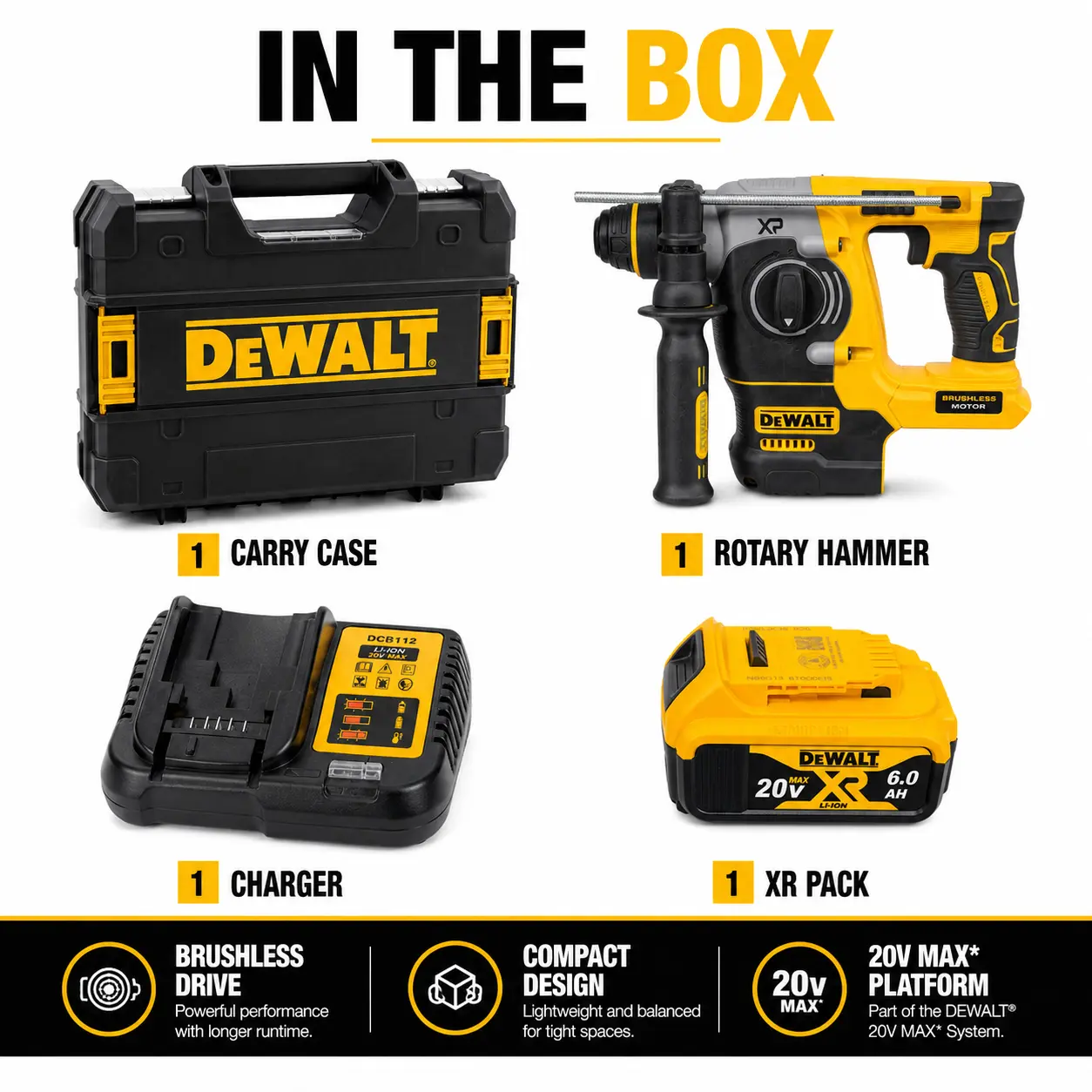DEWALT DCH273 Cordless Rotary Hammer MAX XR Brushless Kit Complete Set For Construction