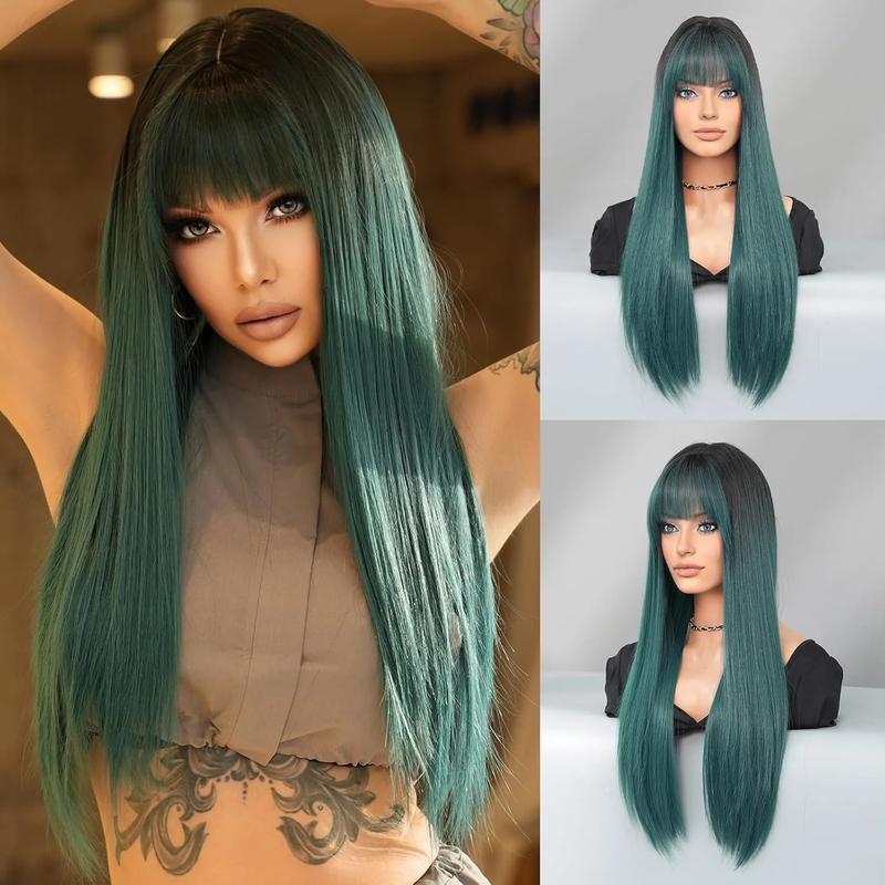 Long Straight Ombre Blonde Black with Bangs 28 Inch Ash Blonde Half wig with Dark Roots and Black Hair Tail Dye Natural Synthetic Layered Heat Resistant Wig for Women Daily Party Use