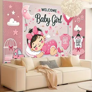 1pc  Flat Pink Baby Girl Welcome Sign with Baby Footprints & Bows - Pastel Pink & White Banner, Gender Reveal Party Decorations, Baby Shower Backdrop, Birthday Party Photo Booth Background,