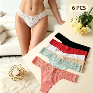 SageTop Women's Thong 6-Pack Soft & Comfortable Lace Waistband Design Sizes S-L Panties Elegant Floral Trim Rhinestone Lingerie