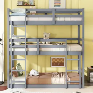 Triple Rubber Wood Bunk Bed with Two Built-in Ladders, Guardrails,  over  over , Detachable Triple  Bunk Bed