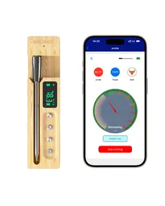 BHGOODS Wireless Smart Meat Thermometer with LED Display Bamboo Base for BBQ, Grill, Oven, Smoker, Rotisserie, Air Fryer, Up to 730ft App Remote Monitoring, IP68 Waterproof, USB Charging