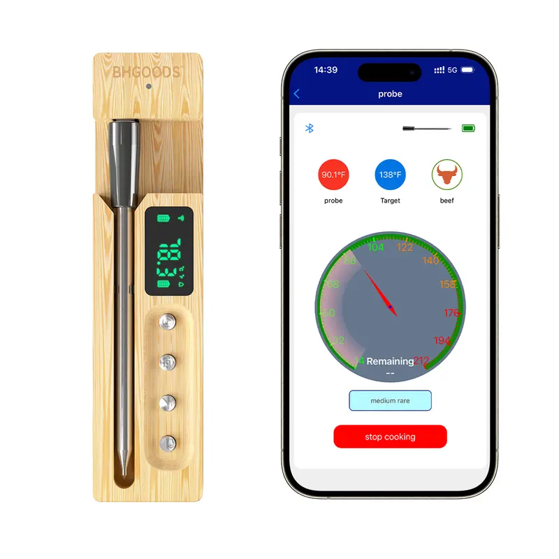 BHGOODS Modern Wireless Smart Precise Food Thermometer - Kitchenware, Kitchen Gadget with LED Display, Natural Bamboo Base, 730ft Remote View, IP68 Waterproof, USB Charging, Heat Resistant, Single Unit