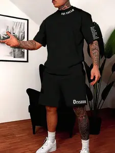 Two-Piece Set Men's Letter Print Short Sleeve Tee & Drawstring Waist Shorts Set, Regular Fit Casual Round Neck T-shirt & Track Shorts, Summer Men Clothes Set for Outdoor Casual Outfit Set