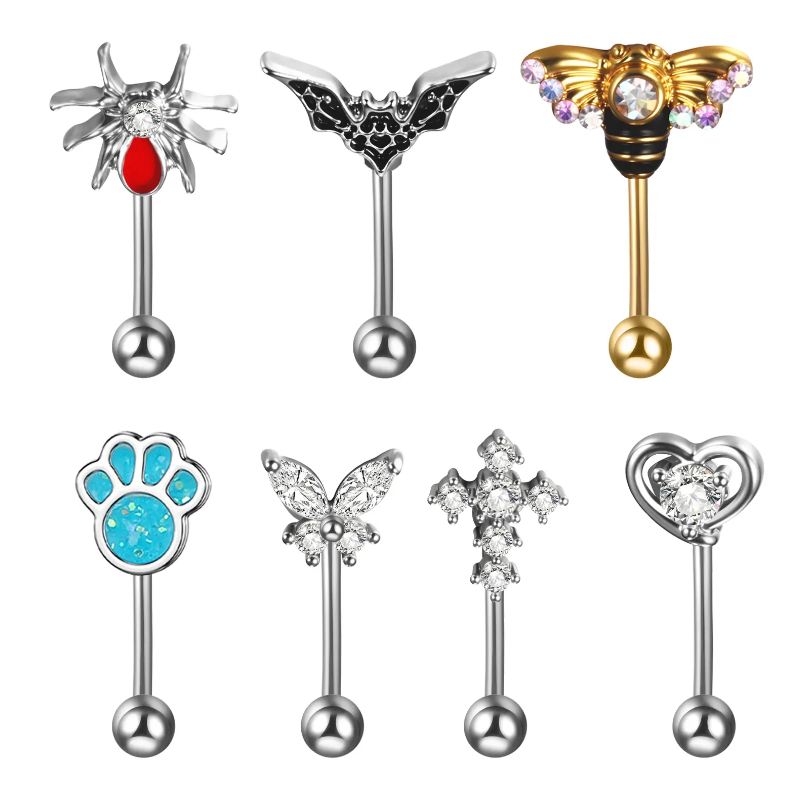 OIDEA 7PCS 16G Hypoallergic Surgical Steel Maximalist Body Piercing Jewelry Set - CZ Heart, Butterfly Curved Barbells, Rook Eyebrow Rings, Vertical Labret Lip Rings, Cartilage Tragus Earrings, Earring Stack for Unisex, Maximalist Jewelry summerwins,summer