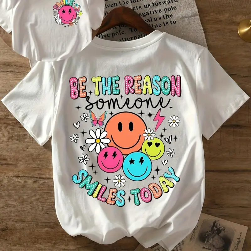 Women's Smile Face & Flower Print Round Neck Tee, Fashion Casual Crew Neck Short Sleeve T-Shirt for Daily Holiday Vacation Outdoor Summer Wear, Ladies Clothes for All Seasons, Graphic Casual Top, Top, Womenswear