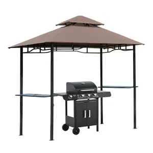 8' x 5' Grill Gazebo with Double Roof, Outdoor BBQ Canopy Gazebo with 2 Side Shelves for Patio Yard Garden Coffee