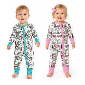 Long sleeves wild west bull skull printed zipper sleepers western baby kids romper