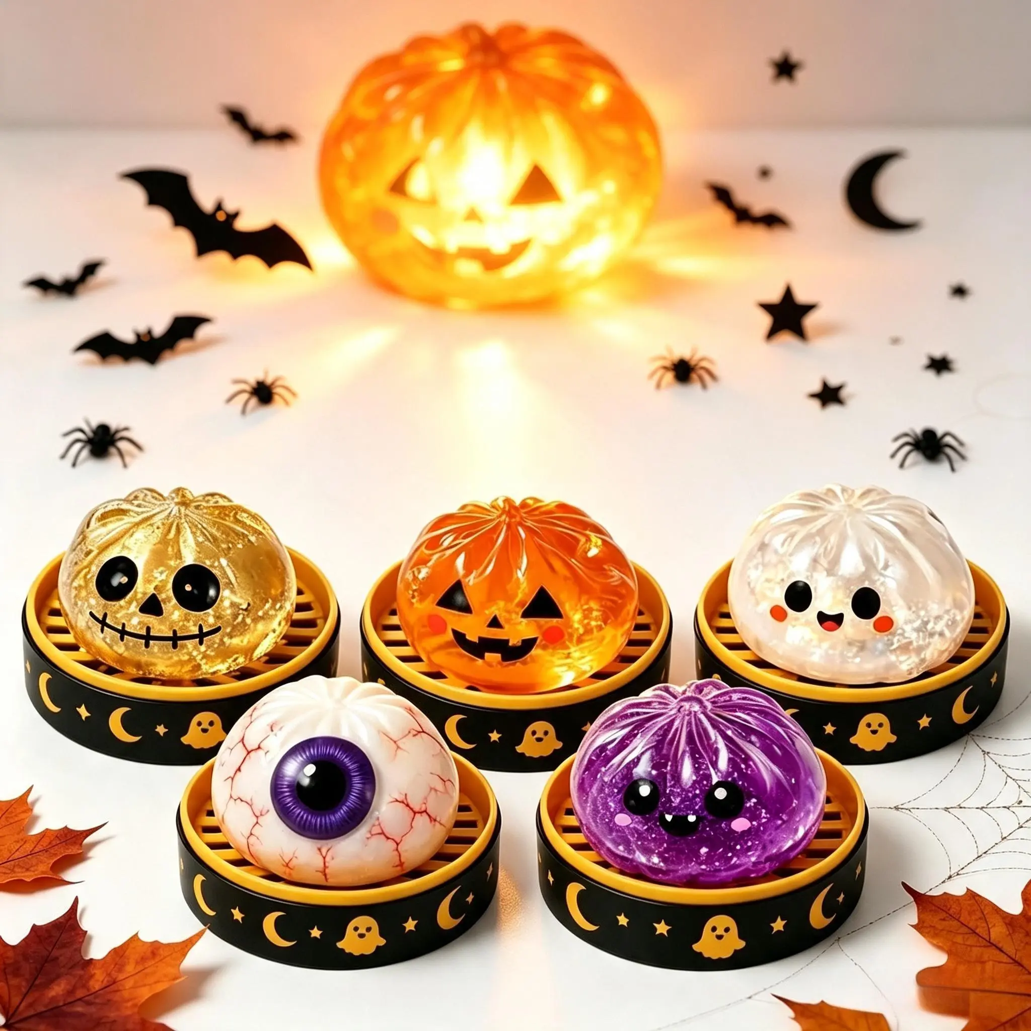 5-Pack Halloween Ghost Squishy Dumpling Bao Bun Fidget Toys with Steamer, Stress Relief Sensory Party Favors & Gifts for Halloween Celebrations