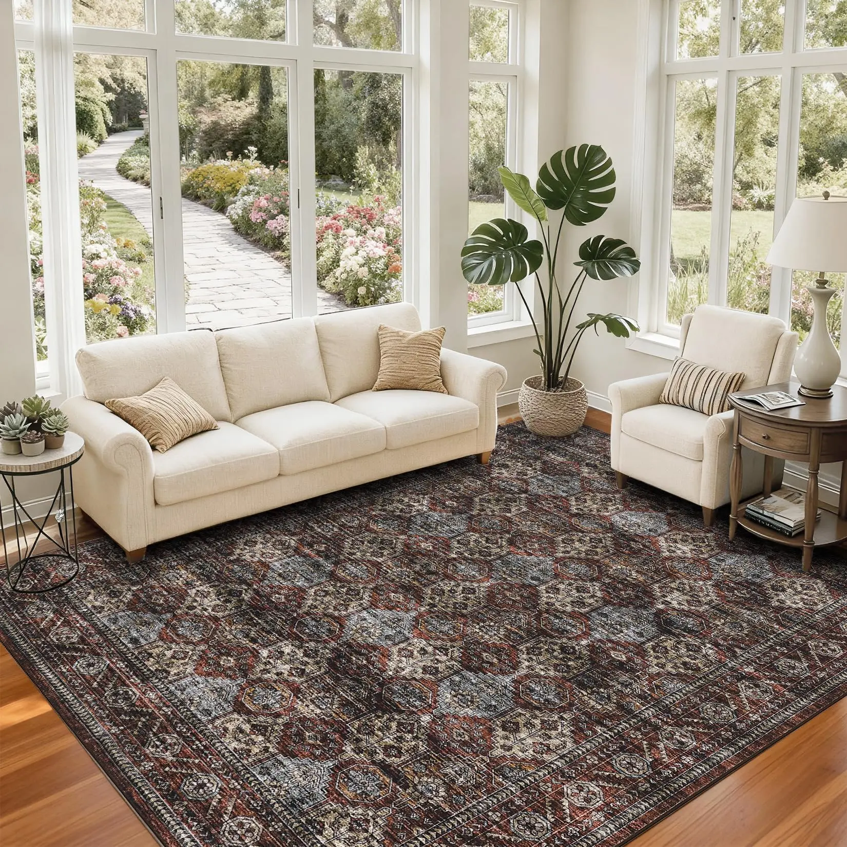 Garvee Vintage Floral 8x10 Area Rug, Washable Soft Non-Slip Low Pile Ultra Thin Retro Accent Carpet for Living Room, Bedroom, Dining Room, Office, Playroom in Vintage Red