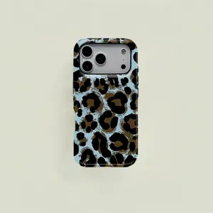 Light Blue Leopard Print Hybrid Shockproof Phone Case, Hard Shell + Soft Inner Layer Protective Cover, Wild Animal Print Aesthetic Accessory for iPhone & Samsung Design Lotus