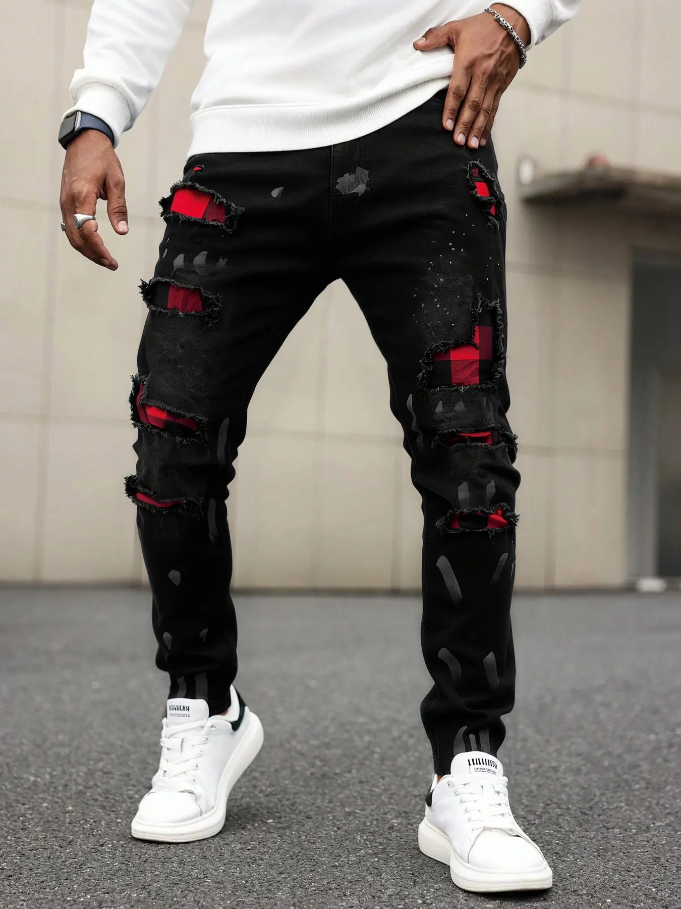 Men's Distressed Skinny Jeans, Denim Skinnies Casual, Ink Print Casual Elastic Slim Fit Pants, Vintage Light Blue Washed Look, All Seasons Streetwear