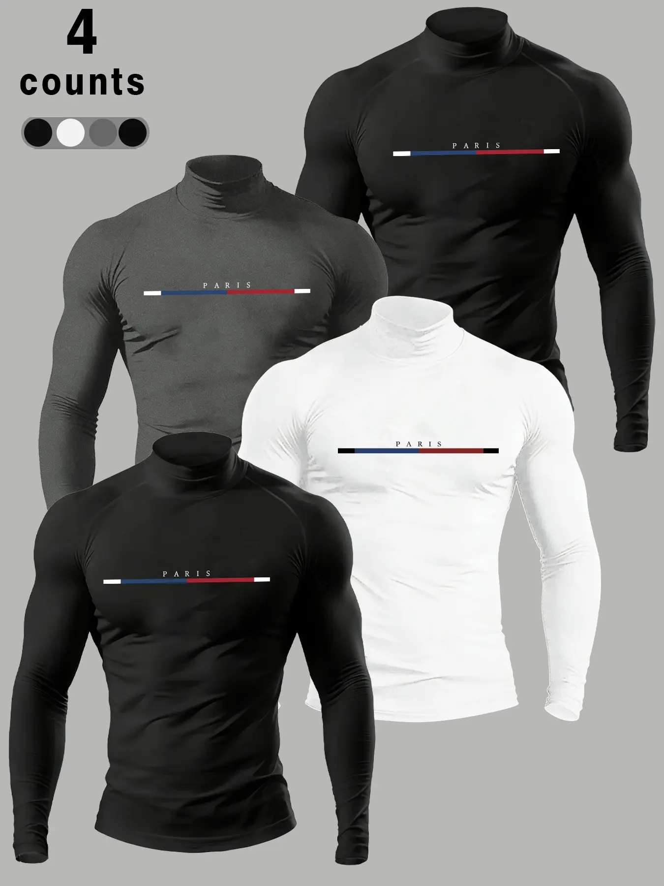 Men's Paris Graphic Compression Turtleneck Shirt, Long Sleeve Slim Fit, Moisture-Wicking, Sporty Style for Gym/workout/casual Wear