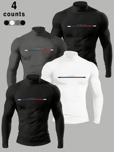 Men's Paris Graphic Compression Turtleneck Shirt, Long Sleeve Slim Fit, Moisture-Wicking, Sporty Style for Gym/workout/casual Wear