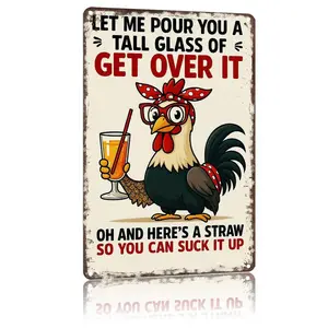 Get Over It Rooster Sassy Rooster Aluminum Sign 8 X 12 Inch Vintage Textured Wall Art Decor for Home Living Room Bedroom Dining Room Man Cave