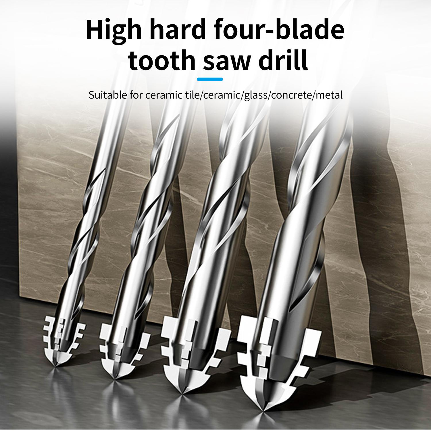 5 Pcs Four-Flute Sawtooth Eccentric Drill Bit Set, Heavy-Duty Carbide Tip for Stone, Glass, Concrete, Wood, Brick, Metal (5/32", 15/64", 5/16", 25/64", 15/32") High-Strength Unique Thread Cutting Feature