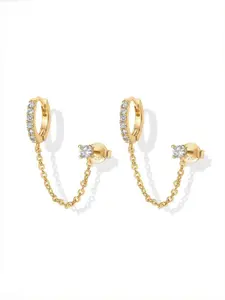 Gold Chain Earrings for Women | Double Piercing Dangle Chain Huggie Hoop Earrings (A pair) | Cubic Zirconia Pearl Stud Ear Cuff Earrings for Women | Elegant Minimalist Earrings