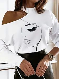 Women's Abstract Print Off-Shoulder Long Sleeve Fitted Cutout Crop Top, Sexy Chic Casual Fashion Tee for Daily Wear, Stylish European and American Design, Everyday