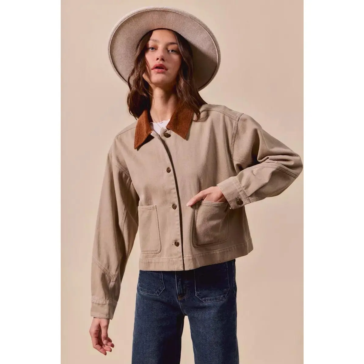 SO ME Cotton Twill Cropped Barn Jacket wtih Collar