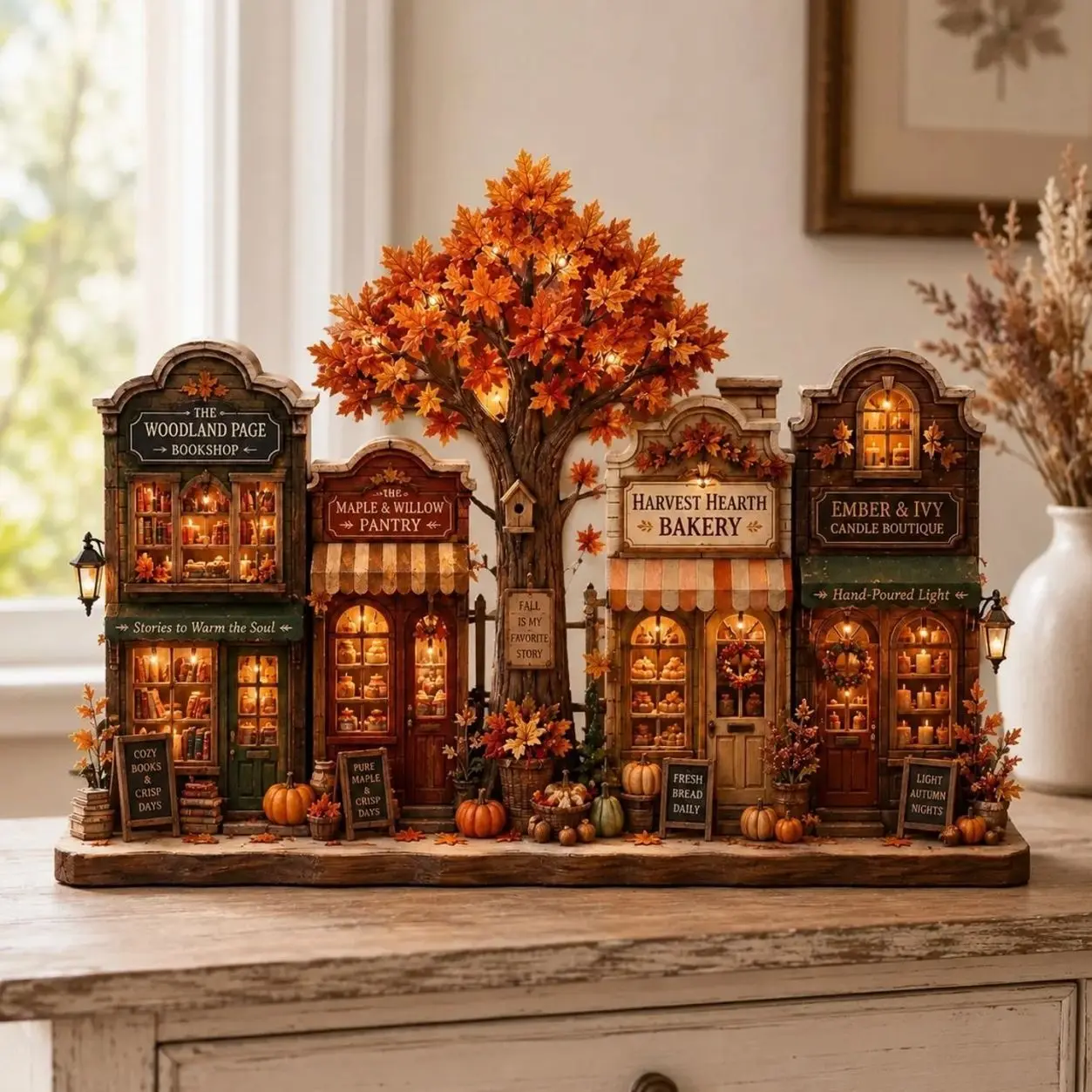 Autumn Village Wooden Block, Fall House Shelf Decor, Thanksgiving Farmhouse Gift