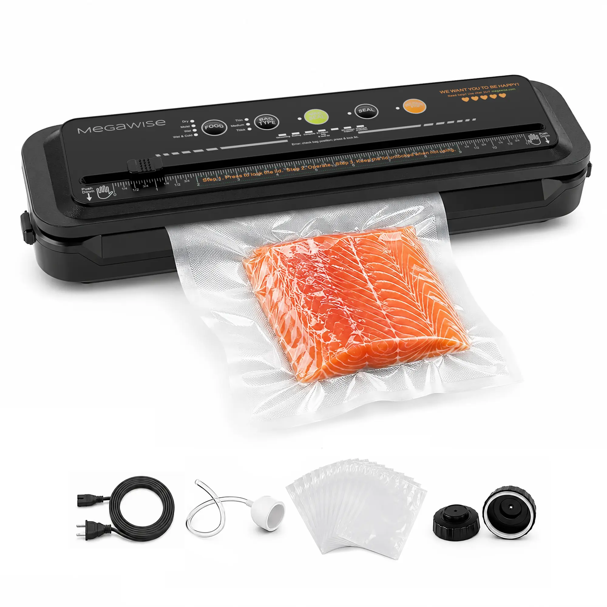 MEGAWISE Food Vacuum Sealer Machine, 80kPa Automatic Sealer with Built-in Cutter, Dry & Moist Modes, External Vacuum System, 10 Bags, Compact 1-Touch Design, Black Automatic