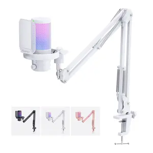 FEELWORLD VM1 White Gaming PC USB Microphone with Boom Arm Stand Noise Cancellation RGB Light Mute for Gamer YouTube Twitch Podcast Streaming Recording Chat PS4 PS5