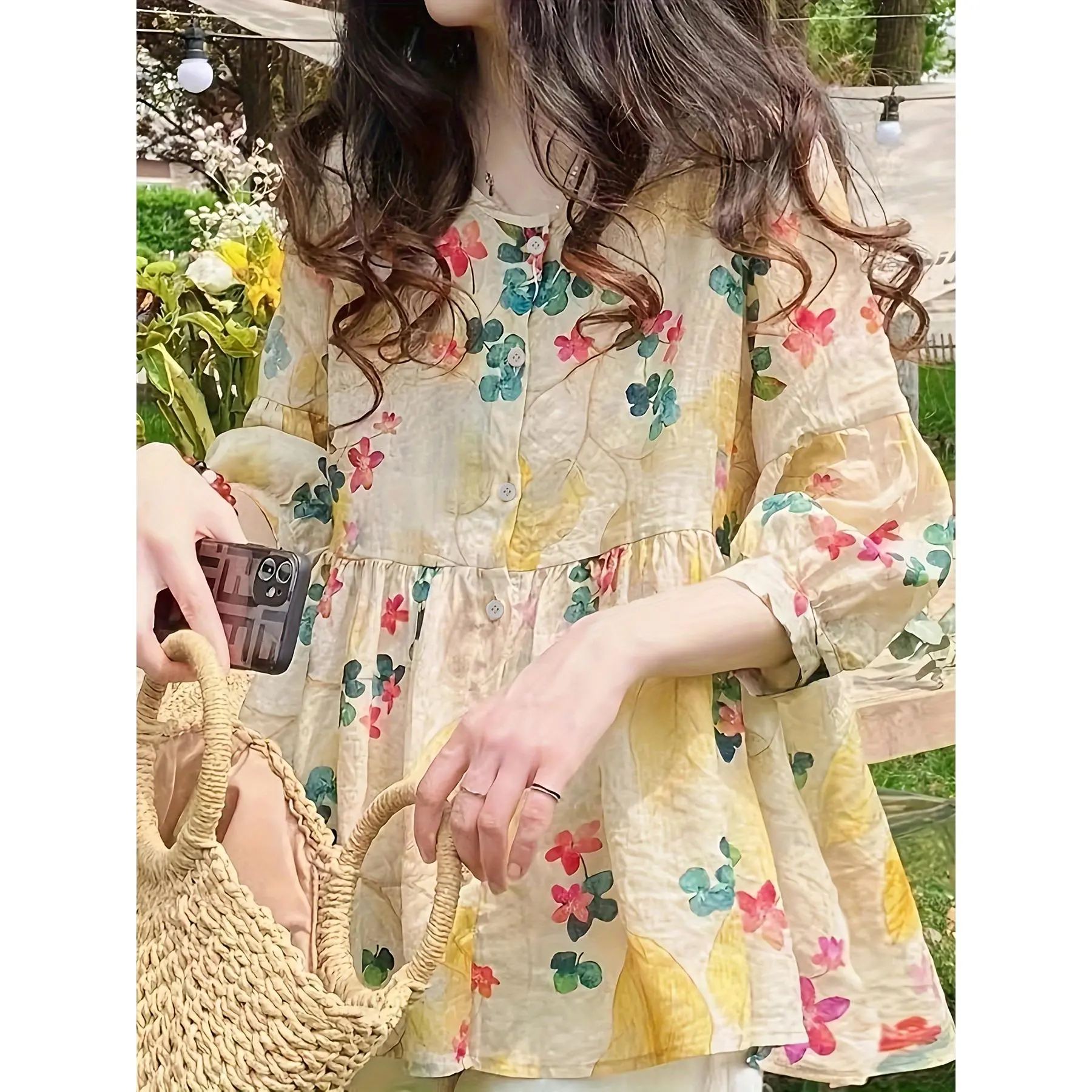 Women's Lightweight Floral Print Blouse - Casual Summer Style, Round Neck, Long Sleeve, Polyester Fabric, Vibrant Yellow Base with Multicolor Flower Design, Perfect for Outdoor Activities, Floral Blouse |   Vibrant Floral Shirt |   Lightweight Fabric