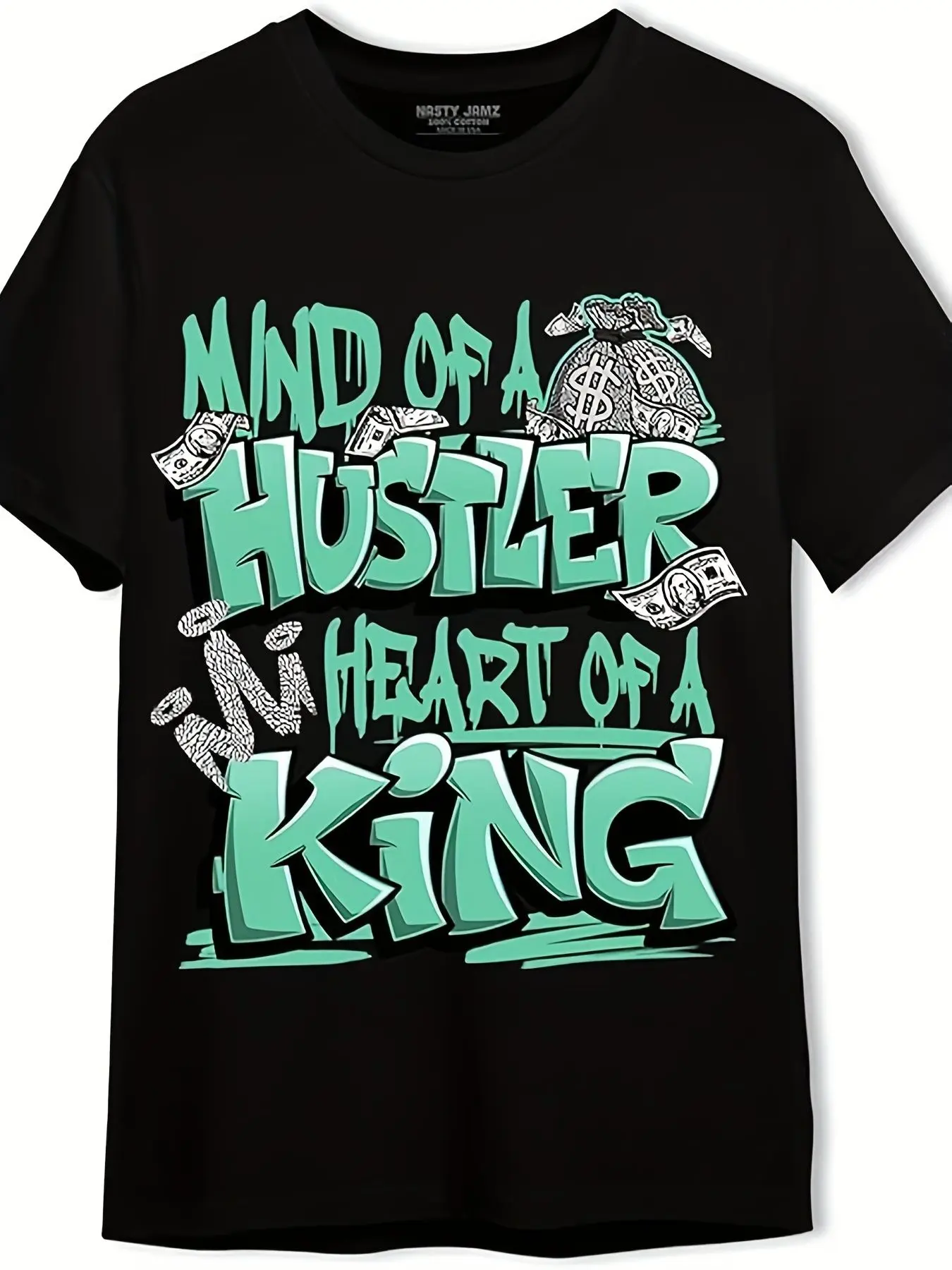 Plus-Size Men's Clothing MIND OF A HUSTLER HEART OF A KING Black T-Shirt - Bold Green Graffiti Style Print, Urban Streetwear Design with Dollar Bill and Money Bag Illustrations - Trendy Casual Tee for Hustlers and Kings