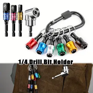 Color Key Chain Sleeve Carabiner Silver Batch Corner - 1/4 Drill Bit Holder Set of 6 with Drill Bit Socket Adapter, 3 Sizes 1/4" 3/8" 1/2", with 105° Multi-Function Right Angle Drill, 10-Piece Cool Gift Electrician Tool Set