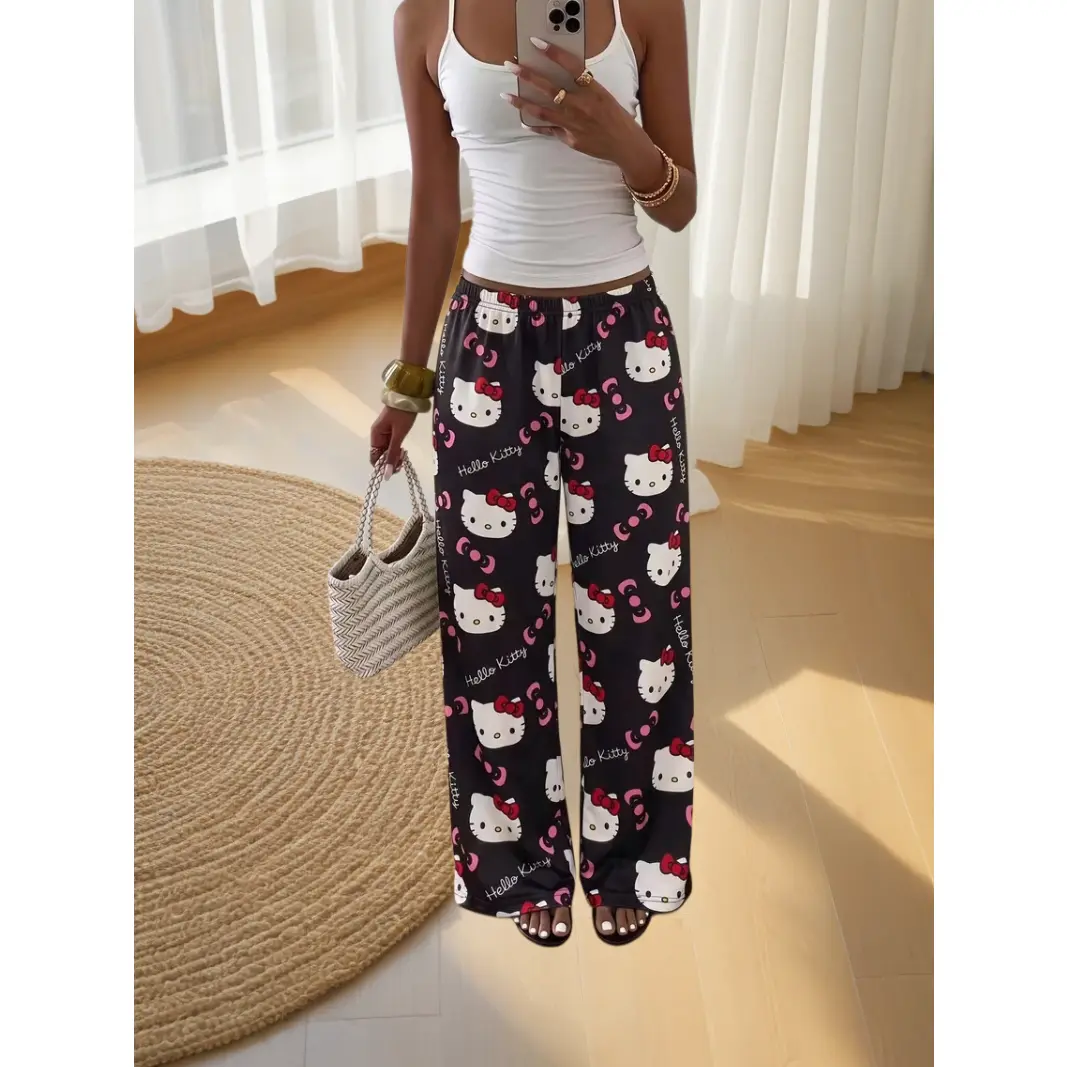 Sanrio HelloKitty Lightweight Pajama Pants, Soft Loose Sleep Bottoms, Cute Cartoon Loungewear for Women