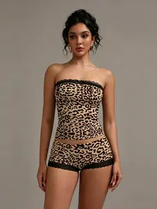 Soft Stretch Leopard Print Lace Trim Bandeau & Shorts 2 Piece Pajama Set, Pjs for Women, Loungewear Sleepwear with Fitted Tube Top and Boyshort, Homewear, Animal Print, Breathable Fabric for Daily Relaxation