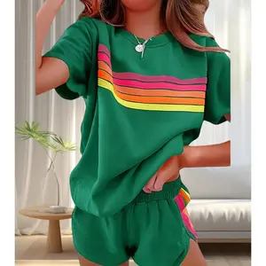 Women's Retro Forest Green Activewear 2-Piece Shorts Set - Matching Co-ords with Layered Rainbow Stripe - Comfy T-shirt & Beach Loungewear - Y2K Fashion Trend