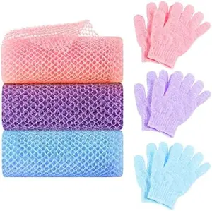 6 Pack African Net Sponge Exfoliating Glove Set, 3 Bath Sponge Body Scrubber Back Scrubber and 3 Pairs Exfoliating Gloves as Stocking Stuffers for Adults