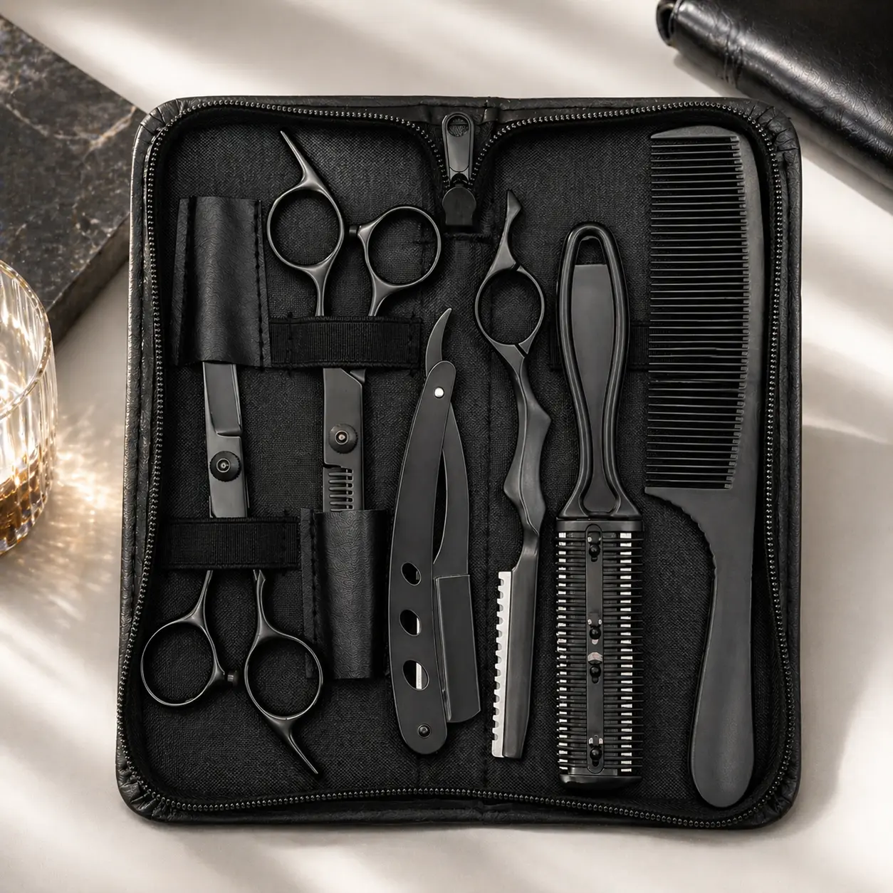 Professional Hair Cutting Kit, 6-Piece Stainless Steel Scissors Set for Smooth Trimming, Barber Tools with Razor & Comb for Men and Women, for All Straight, Wavy & Coily Hair Types, Hair Grooming Kit, Smoothing