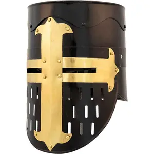 Medieval Warrior Templar Brass Crusader Flattop Helmet for Adult Wearable Costumes with Free Stand 18 Gauge Steel & Brass Accents