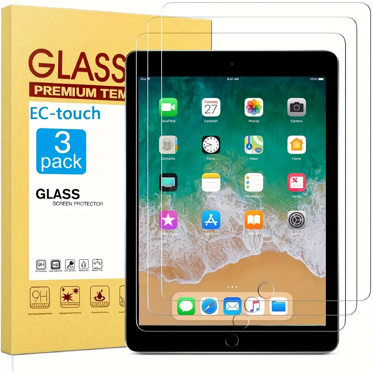3-Pack Protective Screen Protector for iPad 9.7", iPad Air 1/2, Tablet Protector, 9h Tempered Glass, Bubble-Free, Scratch-Resistant, Fingerprint-Proof, HD Clear, Tablet Screen Protectors