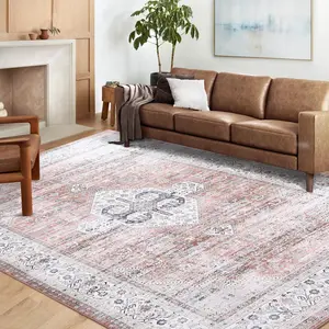 【GARVEE】Washable Area Rug 5x7 Boho Vintage Rug Ultra-Soft Low Pile Indoor Carpet Non Slip Non Shedding Throw Rug for Living Room Bedrooms Playroom Office, Peach