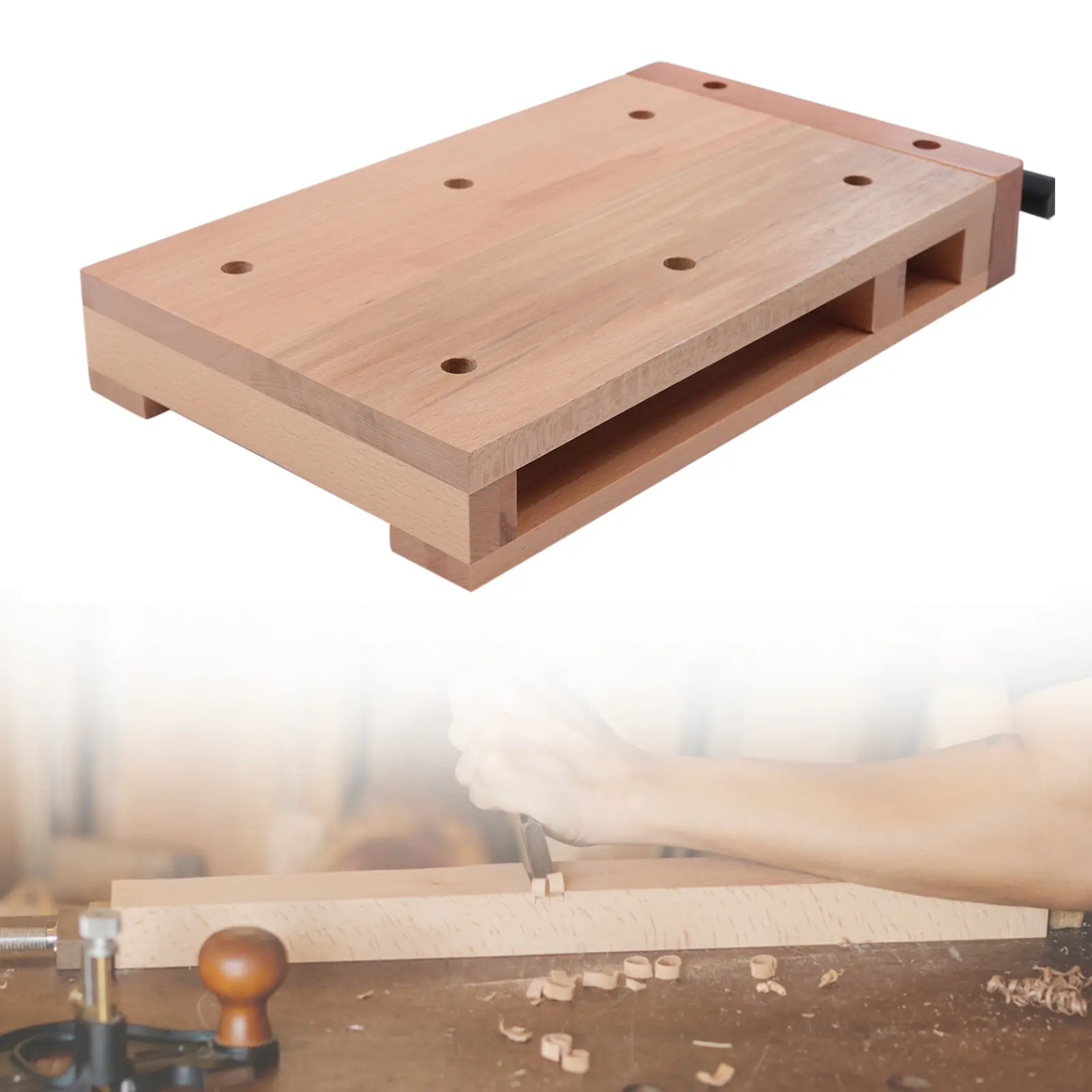 CNCEST 1 Wood Vise Workbench - Solid Beech, 8.2cm Clip Opening, 6.3kg Heavy-Duty, 2 G-Shape Fixing Clips, 4 Limit Blocks, Embedded Handle, 1 Small Wood Plate, Quick Release, Stable Clamping for Precision Drilling, Woodworking Enthusiasts, Exclusive Embedd