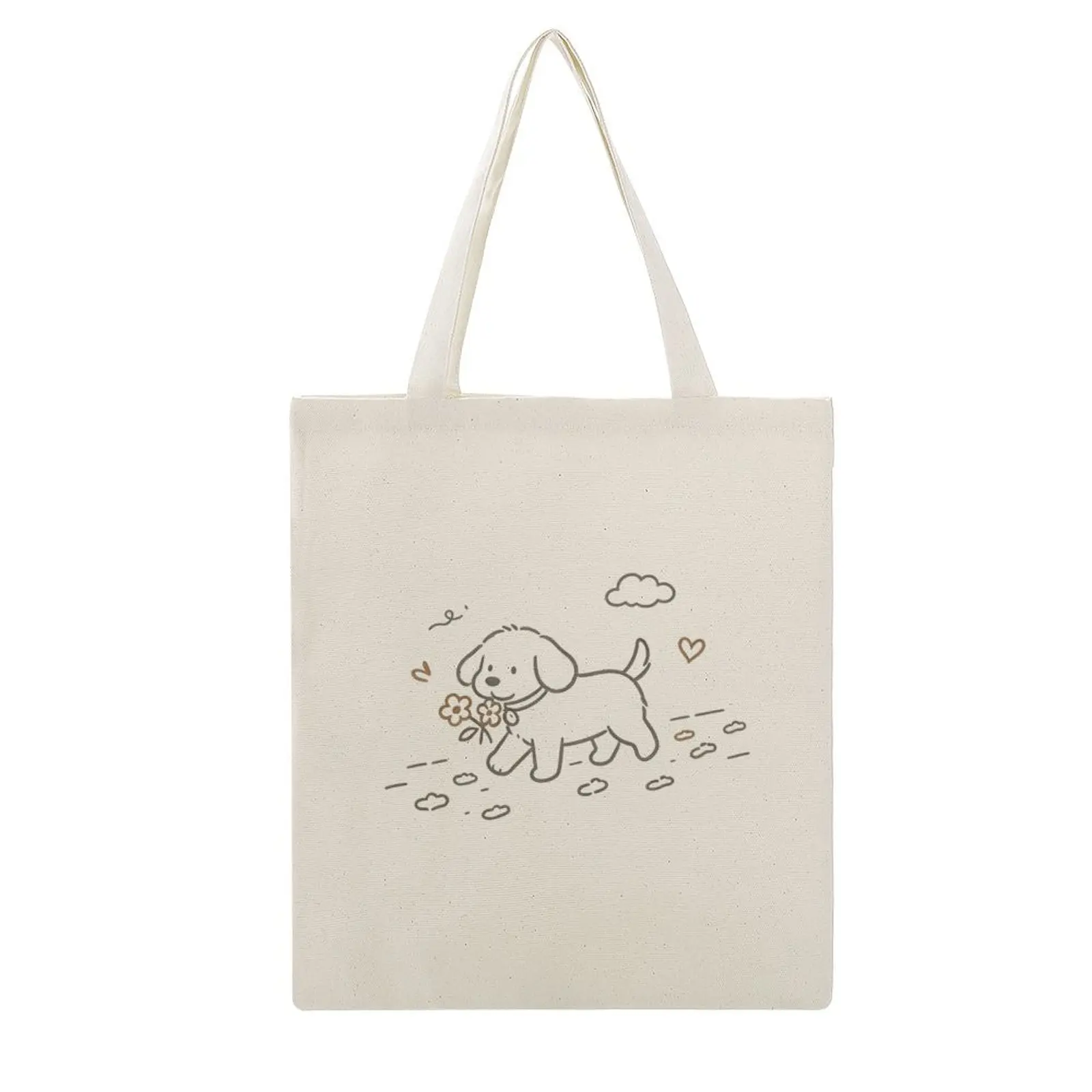 16x13 Inch Tote Bag, Cute Minimalist Line Art Shoulder Bag, Lovely Puppy Holding Flower With Heart Cloud Print Reusable Shopping Handbag, Dog Lover Casual Daily Carry Bag for School Market Travel