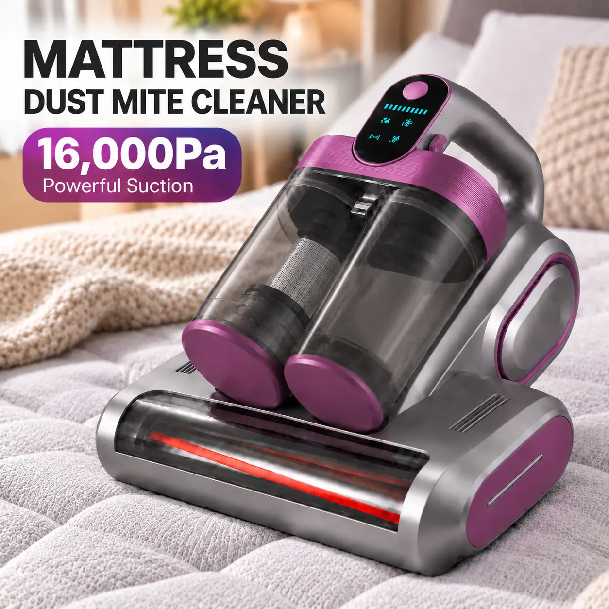 Cordless Bed Vacuum Cleaner - 16kPa Suction, Rechargeable Portable Size Handheld Mattress Cleaner, Dual Dust Bin, Sponge Filtration, Dual Speed, UV-C Light, High Heating for Dust Removal, Beds, Sofas