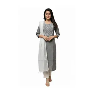 Grey Embroidered  3-piece Kurta Set with Ivory Dupatta #GR-3PC