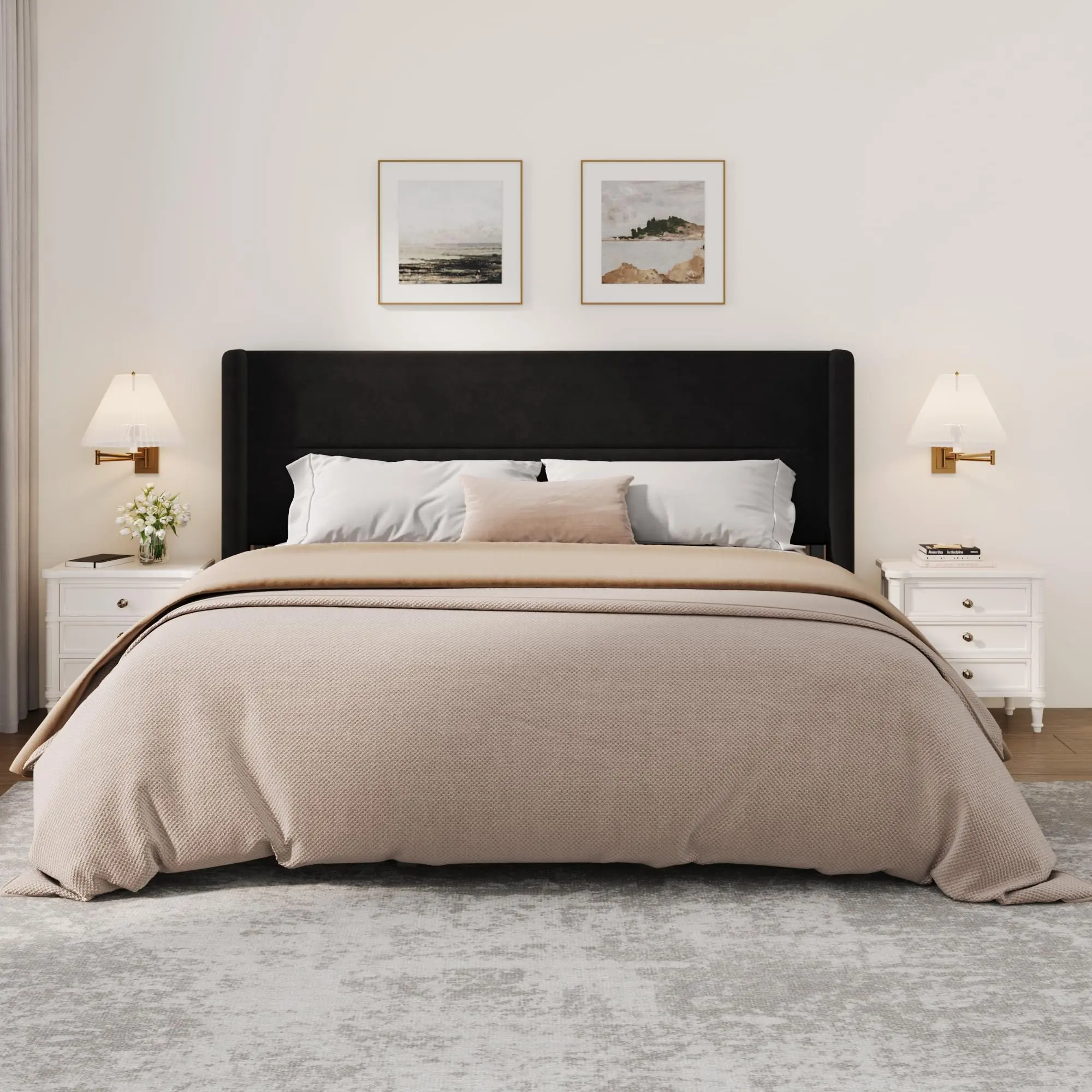 OUTGOODS Modern Upholstered Wingback Headboard Bed Frame - Sturdy Wood Slats, No Box Spring Needed, Self-Assembling, Elegant Soft Fabric, Bedroom Indoor Furniture, Modern Wingback Headboard, Upholstered Headboards