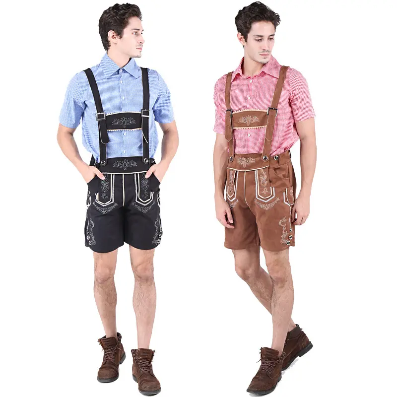 Men's Traditional Bavarian Lederhosen Costume Set - Breathable Faux Leather Fabric, Checkered Suspenders, Aesthetic Mascot Design, Festive Menswear for Oktoberfest, Halloween Cosplay, Linen-Rayon Blend, Classic, Lightweight, All Seasons, Beer Enthusiast