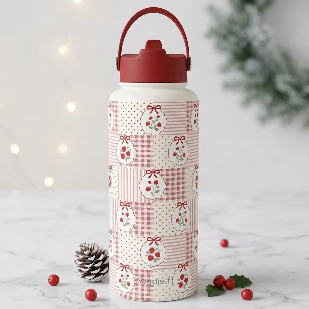 SANDJEST Holiday Seasonal 32oz Stainless Steel Straw Lid Water Bottle, Insulated Travel Bottle for Sports Outdoor Gift for Her