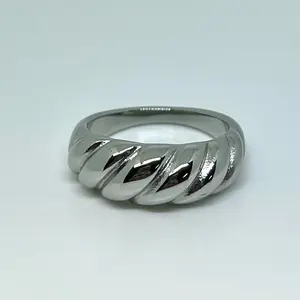 Stainless Steel Silver Tone Twisted Rope Style Ring – Polished Statement Band