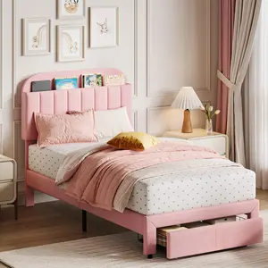 Twin Bed Frame with Drawer, Velvet Upholstered Platform Bed Frame with Storage Headboard, No Box Spring Needed, Easy Assembly, Noise-Free，Pink