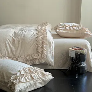 3-Piece 120G Washed Fabric Double Layer Ruffles Bedding Set, Ultra-Soft Fabric, Includes 1Pc Duvet Cover &2Pcs Pillowcases, Korean Style Design, Perfect for Girls' Room Decor, Soft Bedding Sets