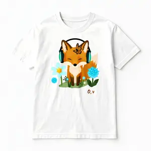 Women’s graphic T-shirt with cute fox wearing headphones print, short sleeves, crew neck, white tee — kawaii summer fashion top for women and teens, cute animal character shirt Crewneck Shortsleeve Fashion Top Streetwear