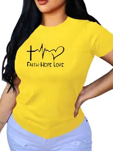 Women's Faith Hope Love Print Round Neck Tee, Casual Short Sleeve T-shirt, Ladies Clothes for Daily Wear, Top