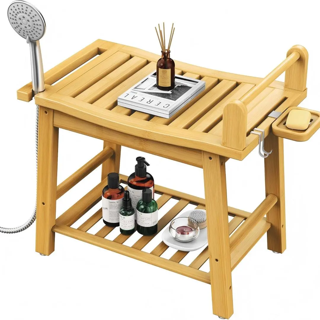 Bamboo Shower Bench with Storage Shelf and Soap Dish for Bathroom Organization and Convenience